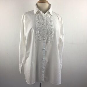 White Cotton shirt with crocheted lace trim center front. “Cotton Traders” sz 16